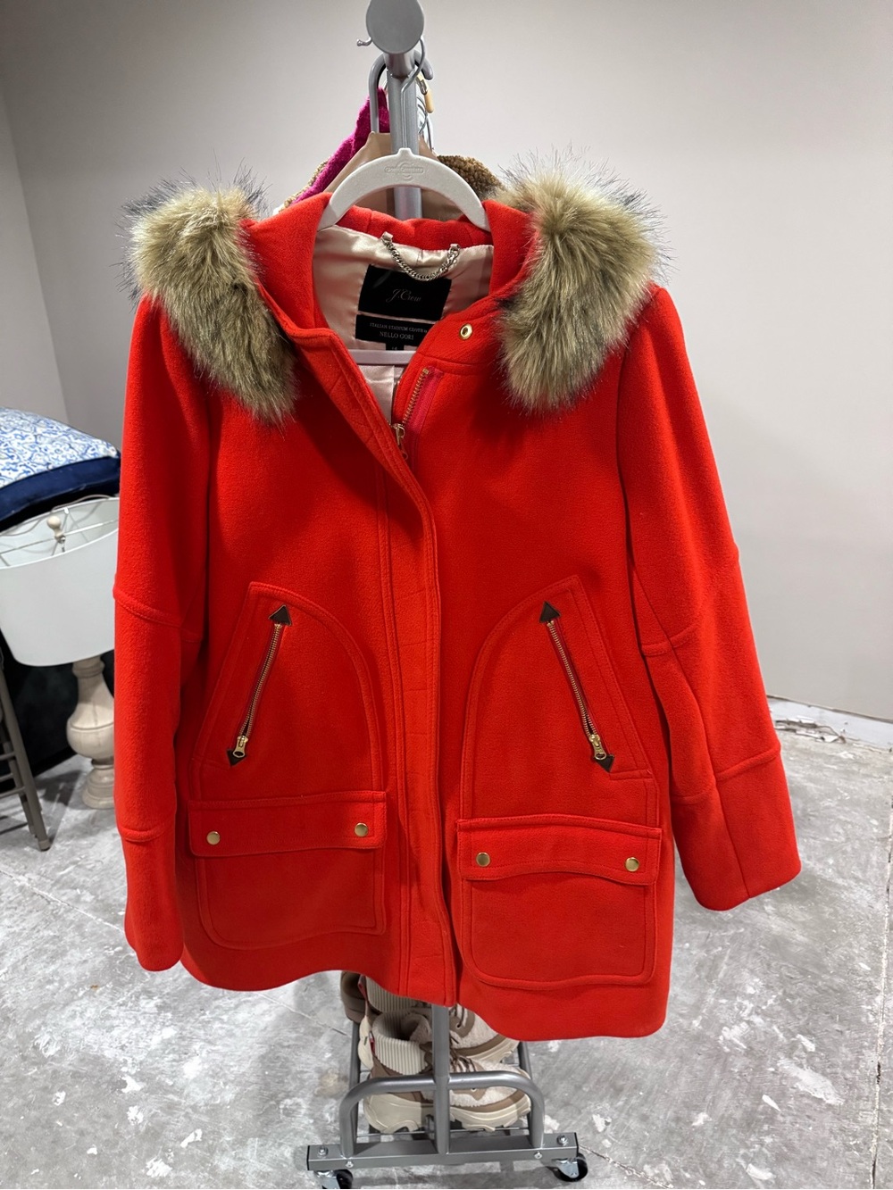 J. Crew Red Wool-Blend Parka with Faux Fur-Trim Hood - Picture 4 of 6